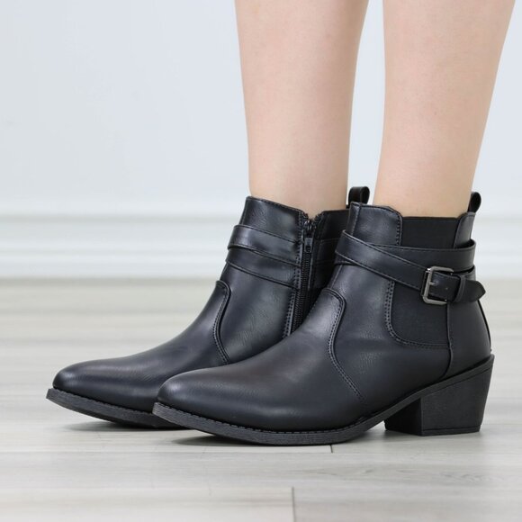 Womens Ankle Boots Low Block Heel Brown Synthetic Leather Pointed Toe Buckles - Picture 7 of 11